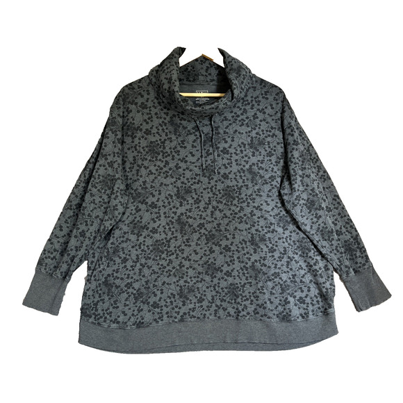 LL Bean Sweatshirt 2XL Gray Floral Cowl Neck Drawstring Pockets Cozy Pima Cotton - Picture 1 of 13